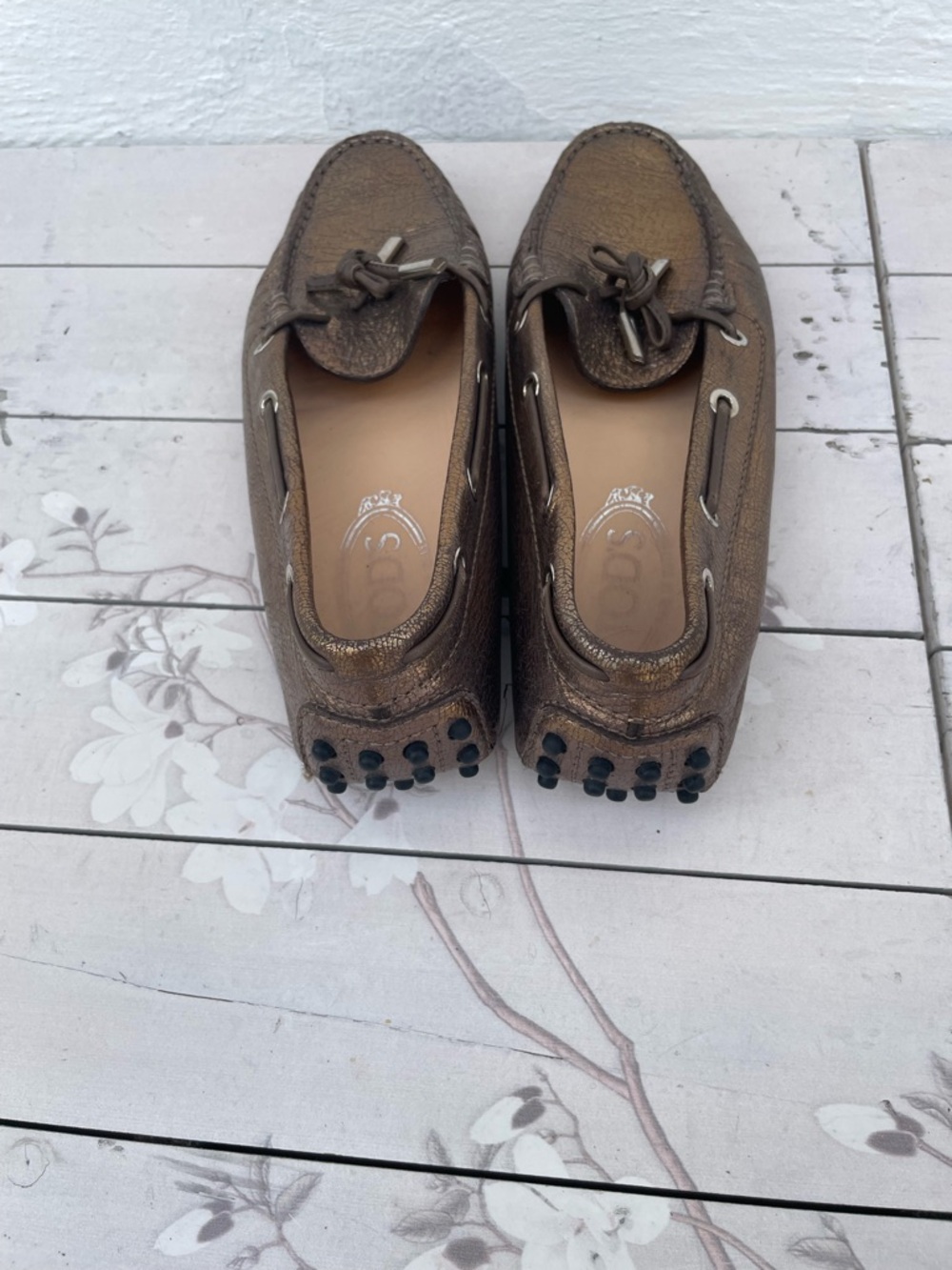 Tod's Metallic Bronze Leather Driving Loafers - Picture 2 of 10